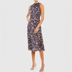Ieena for Mac Duggal Floral Print Tie Neck Midi Dress 55629 NWT Size 12